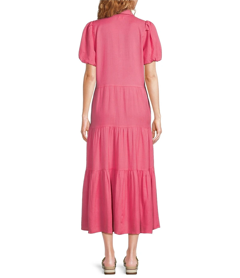 ELAN Woven Point Collar Bubble Sleeve Button Front Midi Shirt Dress