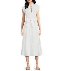 ELAN Woven Stand Collar Neck Cap Sleeve Belted Ruffle A-Line Midi Dress