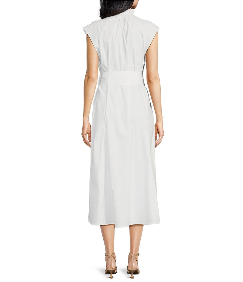 ELAN Woven Stand Collar Neck Cap Sleeve Belted Ruffle A-Line Midi Dress