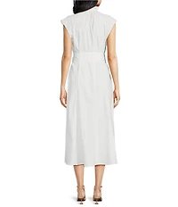 ELAN Woven Stand Collar Neck Cap Sleeve Belted Ruffle A-Line Midi Dress