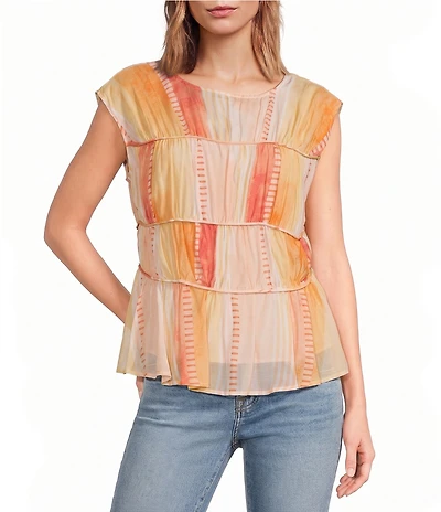 ELAN Woven Stripe Boat Neck Cap Sleeve Gathered Tiered Top