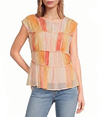 ELAN Woven Stripe Boat Neck Cap Sleeve Gathered Tiered Top