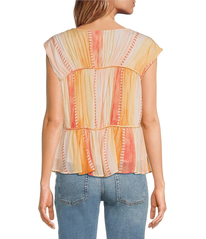 ELAN Woven Stripe Boat Neck Cap Sleeve Gathered Tiered Top