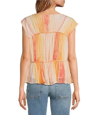 ELAN Woven Stripe Boat Neck Cap Sleeve Gathered Tiered Top