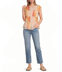 ELAN Woven Stripe Boat Neck Cap Sleeve Gathered Tiered Top