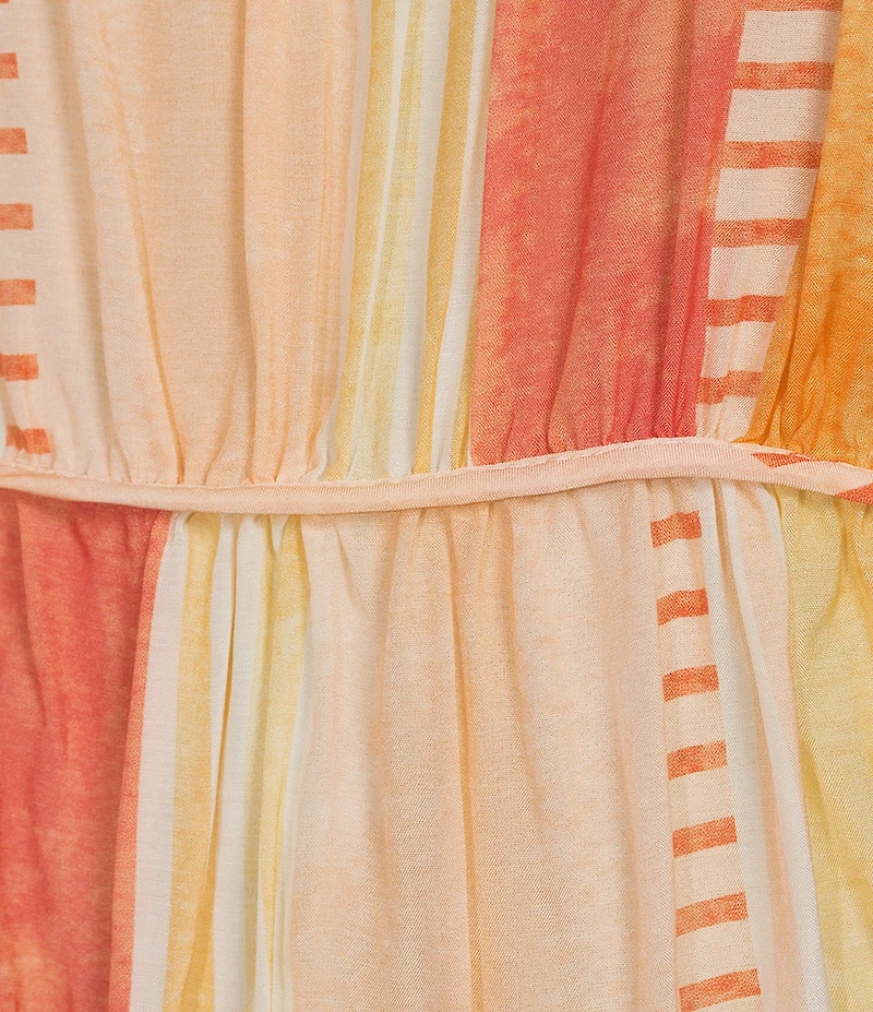 ELAN Woven Stripe Boat Neck Cap Sleeve Gathered Tiered Top