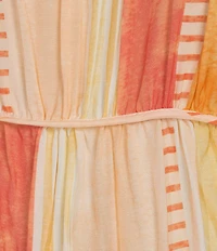 ELAN Woven Stripe Boat Neck Cap Sleeve Gathered Tiered Top