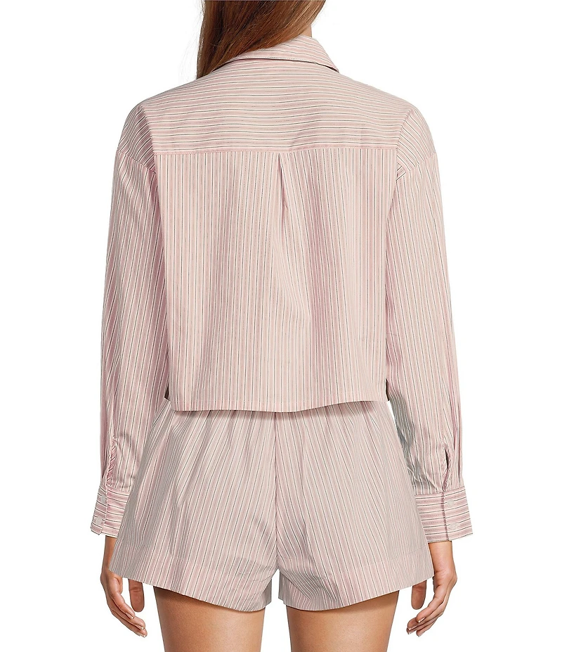 ELAN Woven Stripe Print Point Collar Long Sleeves Oversize Fit Button Front Boxy Shirt