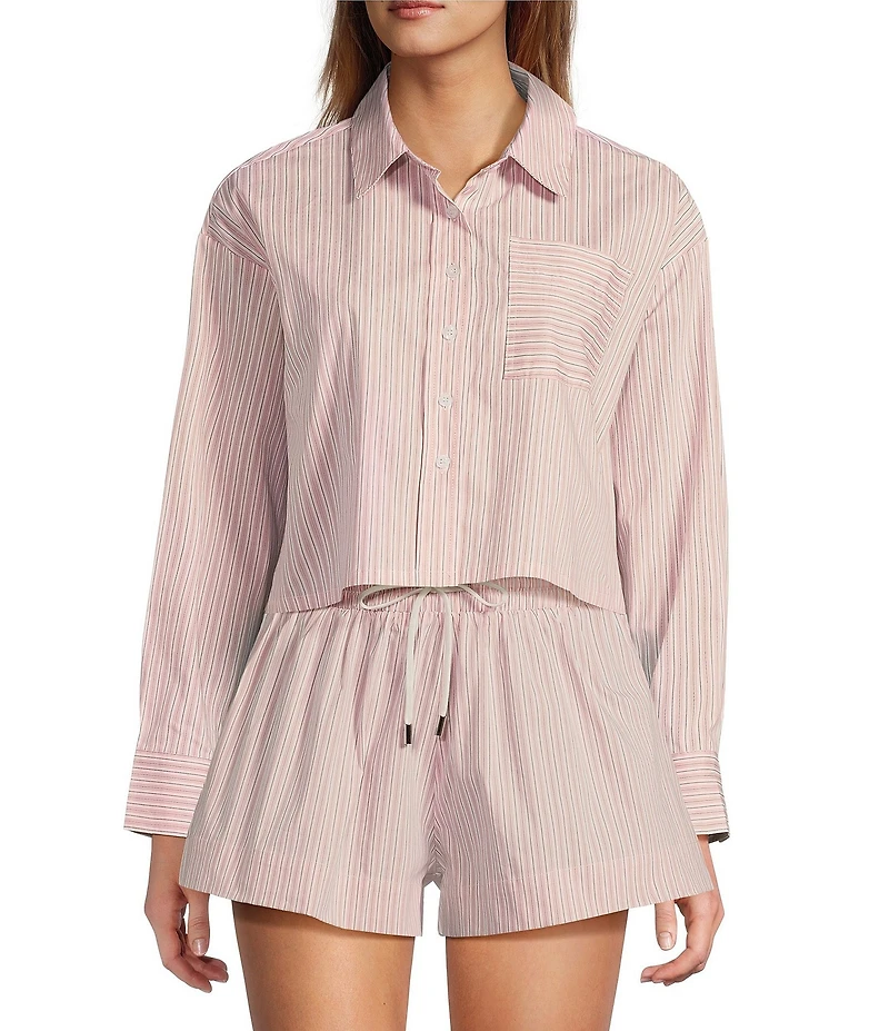 ELAN Woven Stripe Print Point Collar Long Sleeves Oversize Fit Button Front Boxy Shirt