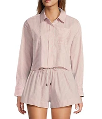 ELAN Woven Stripe Print Point Collar Long Sleeves Oversize Fit Button Front Boxy Shirt