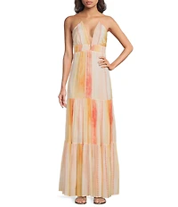 ELAN Woven Stripe V-Neck Spaghetti Strap Open Back Slip Maxi Dress