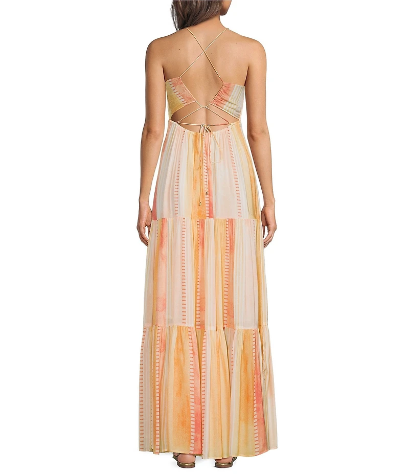 ELAN Woven Stripe V-Neck Spaghetti Strap Open Back Slip Maxi Dress