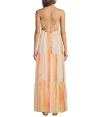 ELAN Woven Stripe V-Neck Spaghetti Strap Open Back Slip Maxi Dress