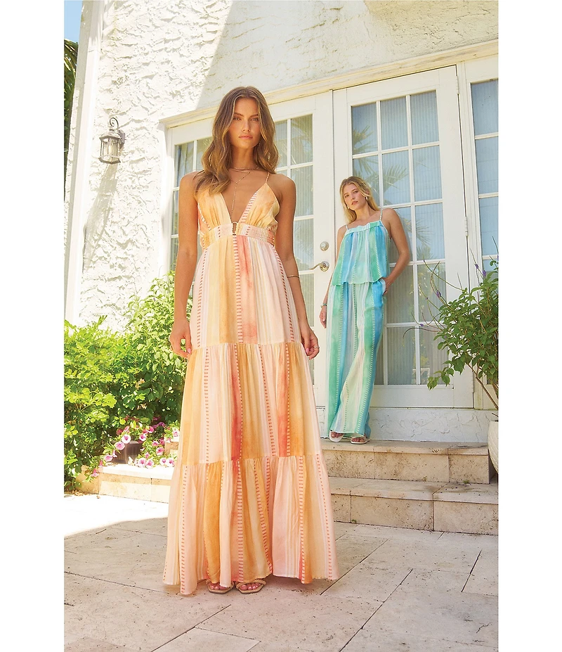 ELAN Woven Stripe V-Neck Spaghetti Strap Open Back Slip Maxi Dress