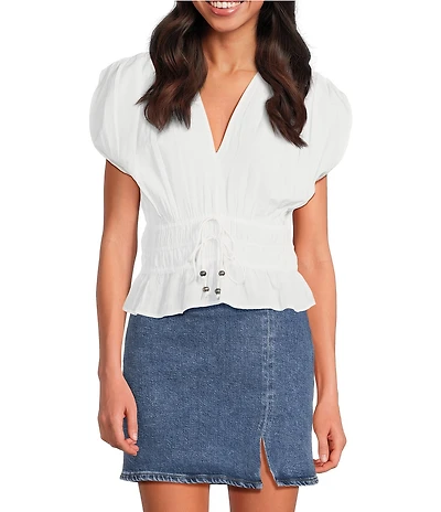 ELAN Woven V-Neck Short Sleeve Smocked Bodice Peplum Top