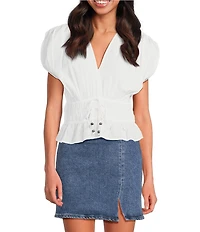 ELAN Woven V-Neck Short Sleeve Smocked Bodice Peplum Top