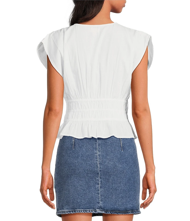 ELAN Woven V-Neck Short Sleeve Smocked Bodice Peplum Top