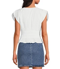 ELAN Woven V-Neck Short Sleeve Smocked Bodice Peplum Top