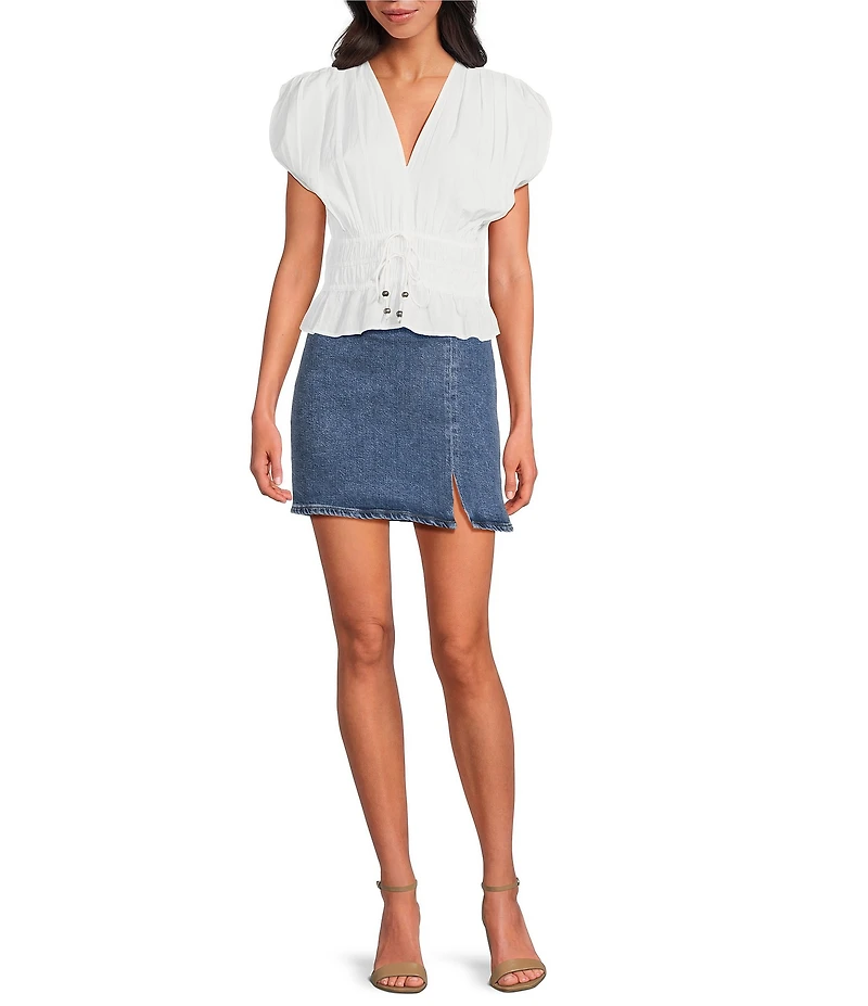 ELAN Woven V-Neck Short Sleeve Smocked Bodice Peplum Top