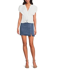 ELAN Woven V-Neck Short Sleeve Smocked Bodice Peplum Top