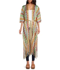 ELAN Zig Zag Knit Drop Sleeve Tie Waist Duster