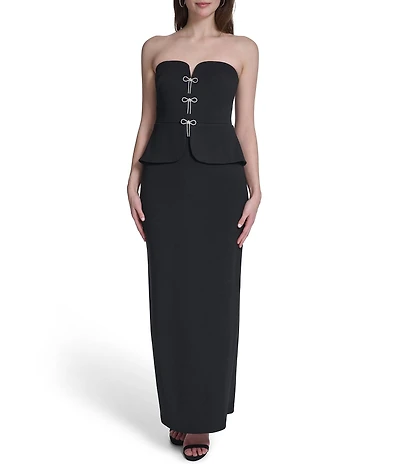 Eliza J Strapless Peplum Column Gown With Bows