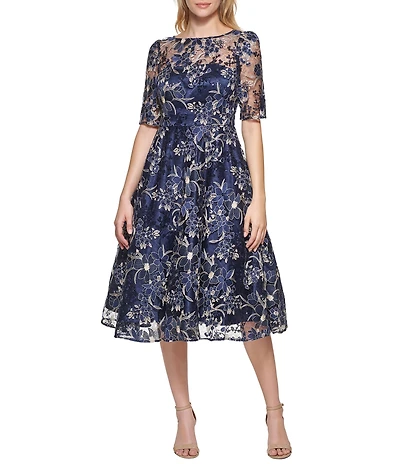 Eliza J 3/4 Sleeve Embroidered Mesh Long Dress
