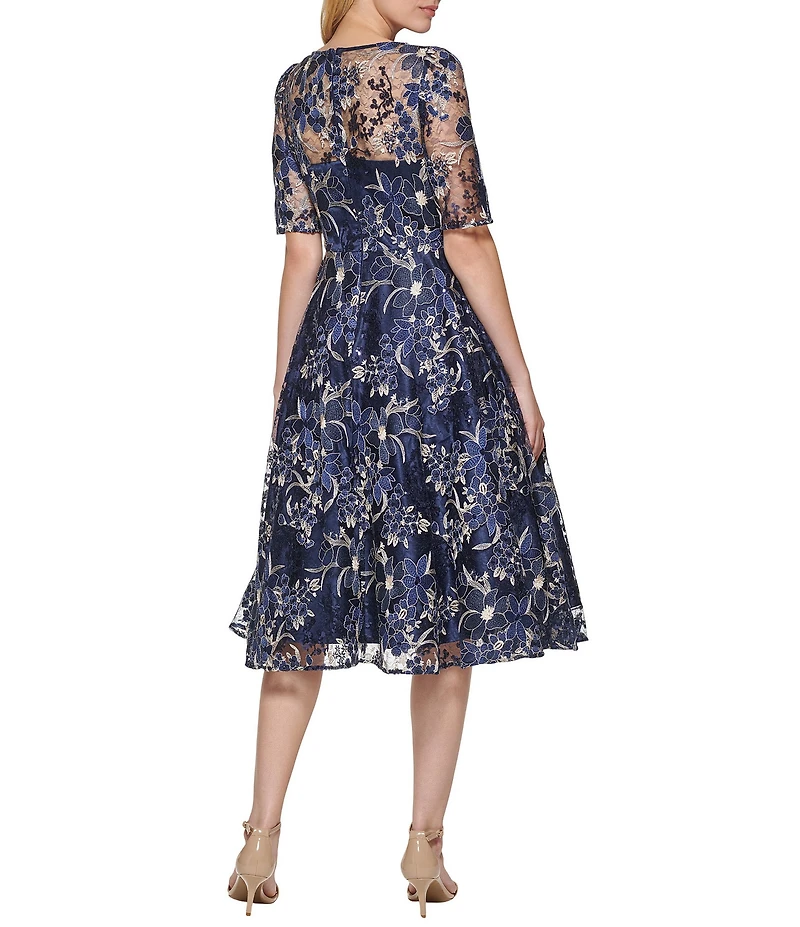 Eliza J 3/4 Sleeve Embroidered Mesh Long Dress