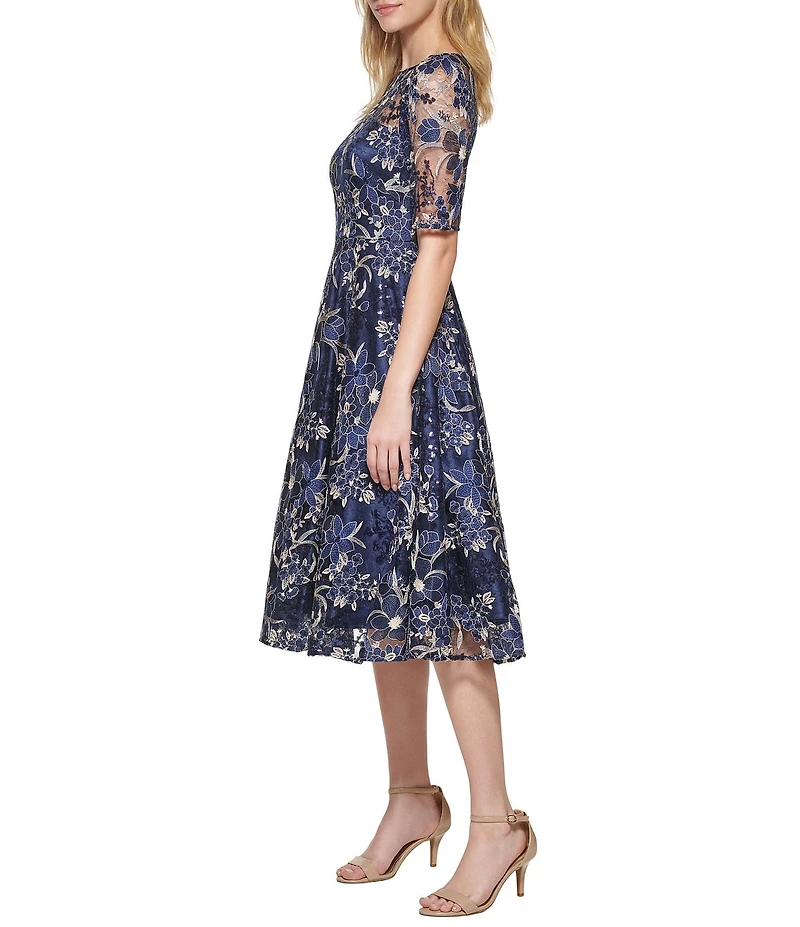 Eliza J 3/4 Sleeve Embroidered Mesh Long Dress