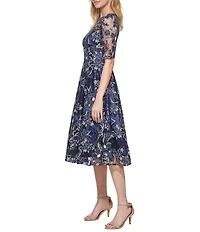 Eliza J 3/4 Sleeve Embroidered Mesh Long Dress