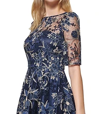Eliza J 3/4 Sleeve Embroidered Mesh Long Dress