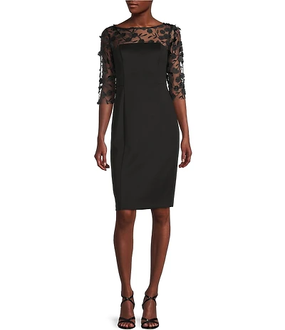 Eliza J 3/4 Sleeve Floral Embellished Illusion Boat Neck Scuba Sheath Dress