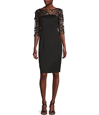Eliza J 3/4 Sleeve Floral Embellished Illusion Boat Neck Scuba Sheath Dress