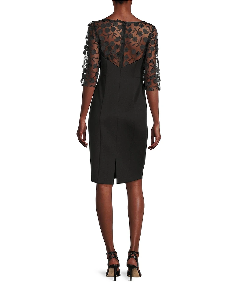 Eliza J 3/4 Sleeve Floral Embellished Illusion Boat Neck Scuba Sheath Dress