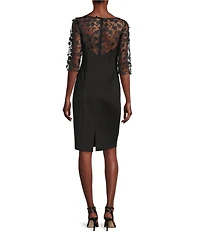 Eliza J 3/4 Sleeve Floral Embellished Illusion Boat Neck Scuba Sheath Dress