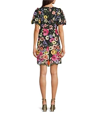 Eliza J 3D Embroidered Floral Mesh Boat Neck Short Sleeve Sheath Mini Dress