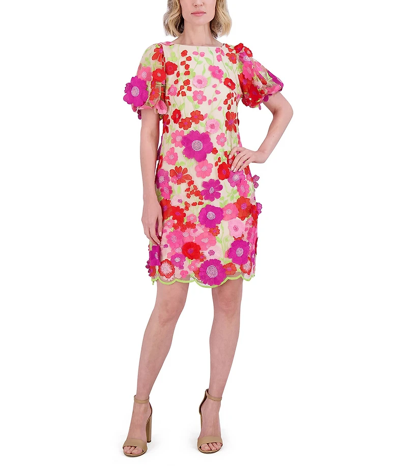 Eliza J 3D Embroidered Floral Mesh Boat Neck Short Sleeve Sheath Mini Dress
