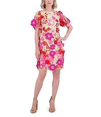 Eliza J 3D Embroidered Floral Mesh Boat Neck Short Sleeve Sheath Mini Dress
