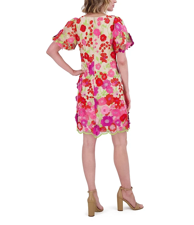 Eliza J 3D Embroidered Floral Mesh Boat Neck Short Sleeve Sheath Mini Dress  at Hamilton Place in Chattanooga, TN
