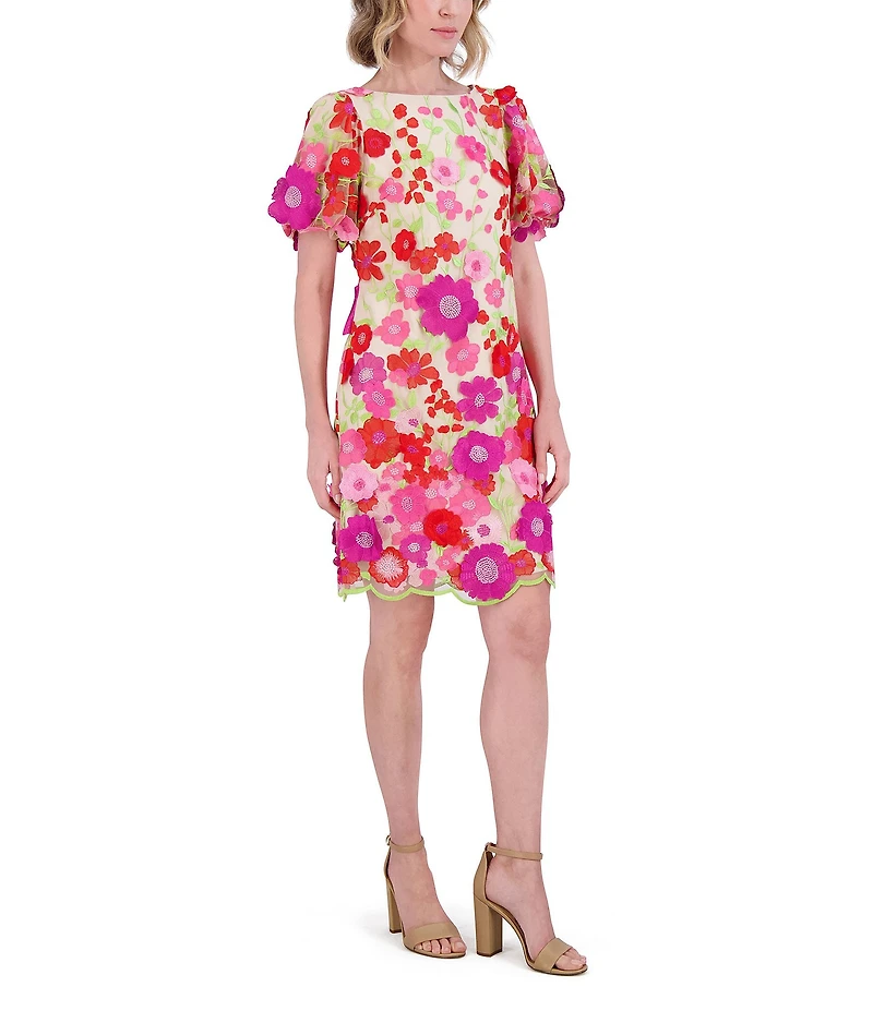 Eliza J 3D Embroidered Floral Mesh Boat Neck Short Sleeve Sheath Mini Dress