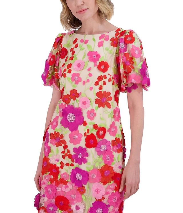 Eliza J 3D Embroidered Floral Mesh Boat Neck Short Sleeve Sheath Mini Dress  at Hamilton Place in Chattanooga, TN