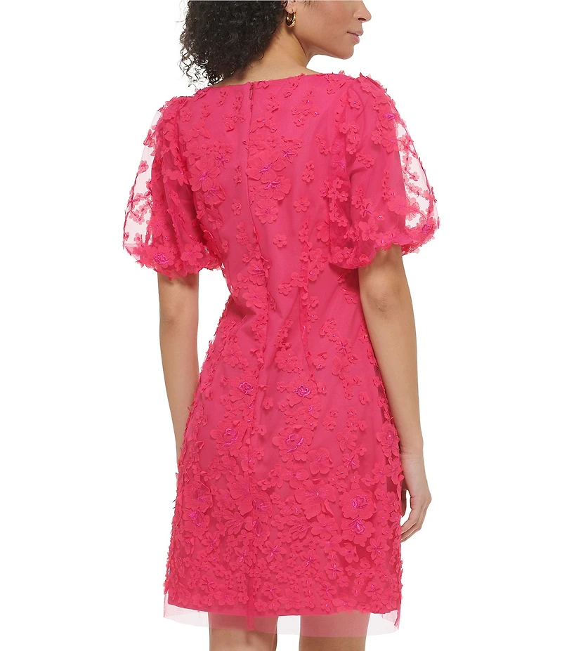 Eliza J 3D Floral Boat Neck Short Puff Sleeve Mini Dress