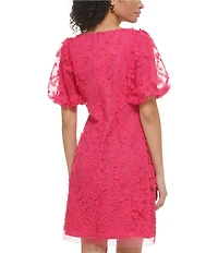 Eliza J 3D Floral Boat Neck Short Puff Sleeve Mini Dress