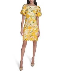 Eliza J 3D Floral Mesh Crew Neck Short Puff Sleeve Sheath Mini Dress