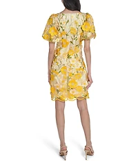 Eliza J 3D Floral Mesh Crew Neck Short Puff Sleeve Sheath Mini Dress