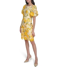 Eliza J 3D Floral Mesh Crew Neck Short Puff Sleeve Sheath Mini Dress