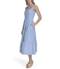 Eliza J Basketweave Cotton Stripe Print Square Neck Sleeveless A-Line Midi Dress