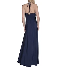 Eliza J Beaded Keyhole Halter Neckline Ruched Bodice Crepe De Chine Maxi Dress