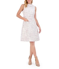 Eliza J Boucle Mock Neck Sleeveless Fringe Detail A-Line Mini Dress