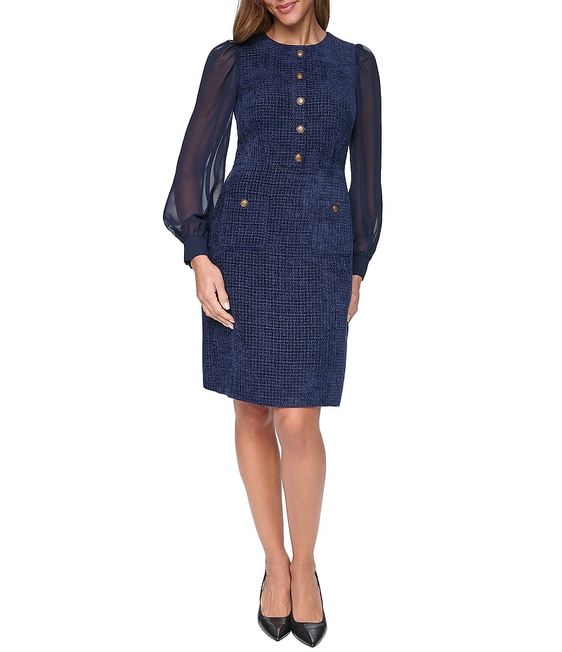 Eliza J Boucle/Chiffon Tweed Jewel Neck Long Sleeve Sheath Dress
